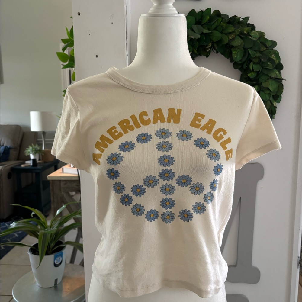 American Eagle Outfitters Cream Floral Graphic Crop Top